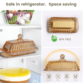 Mamalucky amber glass butter dish safe for quick melts in the microwave.