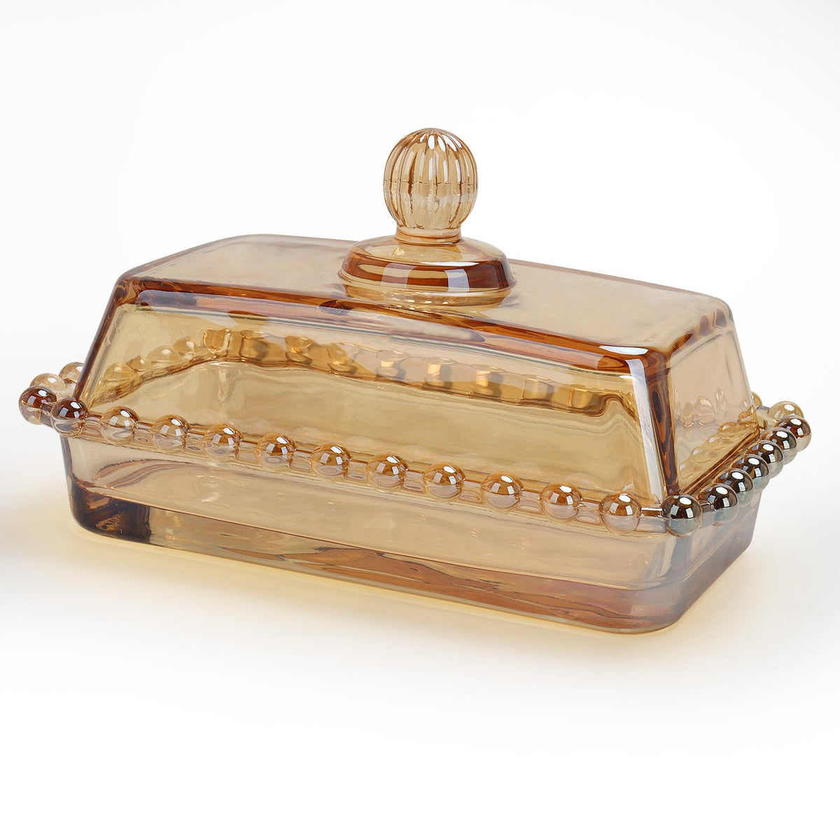 Mamalucky antique glass butter dish with lid front view shows countertop readiness.