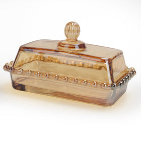 Mamalucky antique glass butter dish with lid front view shows countertop readiness.