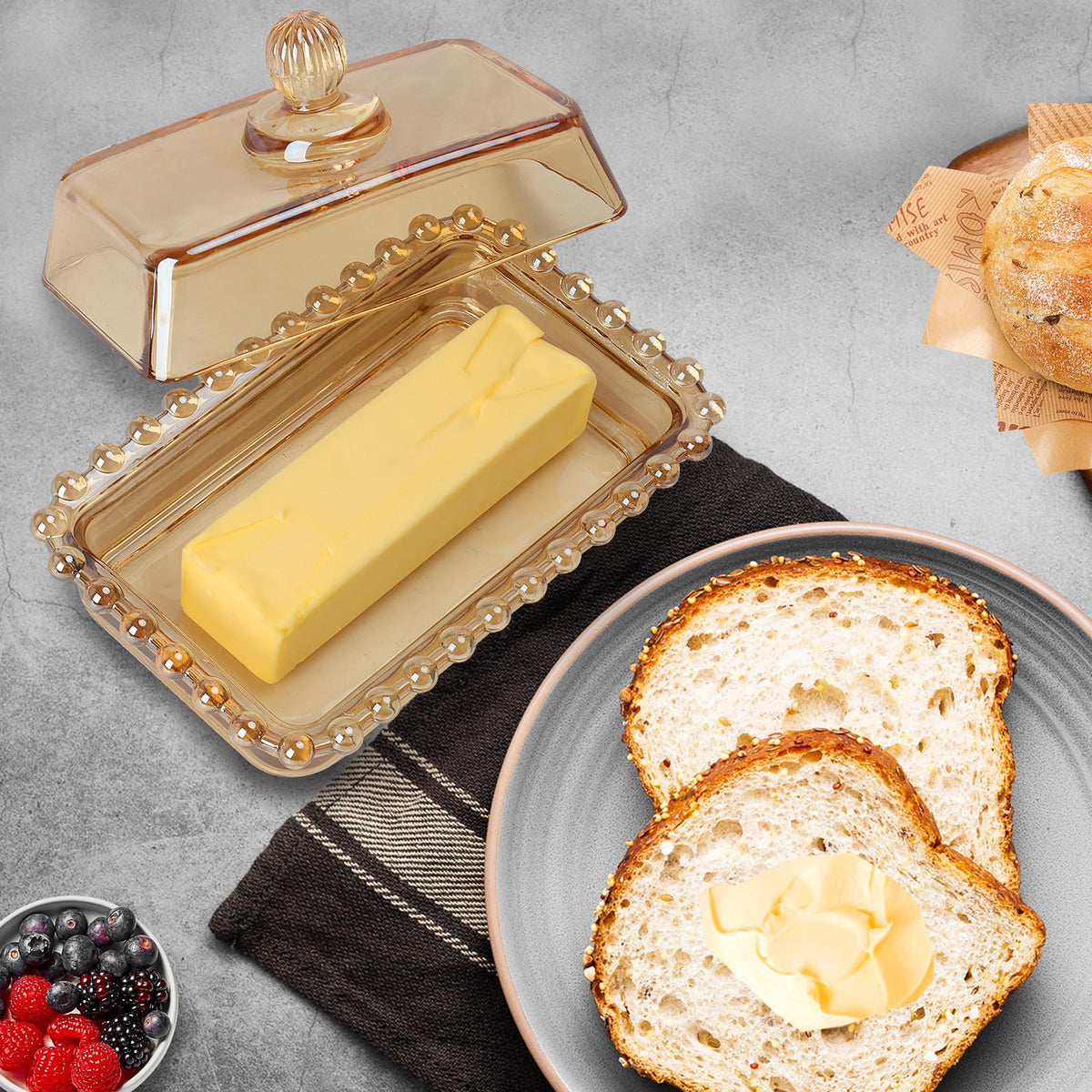 Mamalucky butter dish in refrigerator, compact storage.