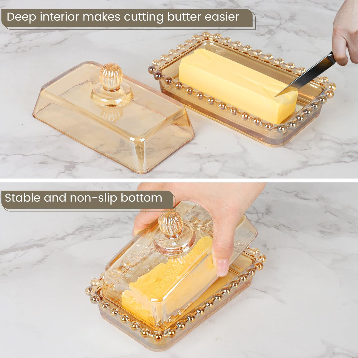 Mamalucky butter dish setup with two sticks ready to use for serving.
