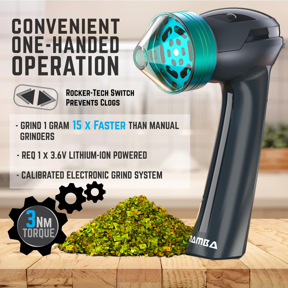 Mamba automatic spice mill delivers spill-free, one-handed operation in the kitchen.