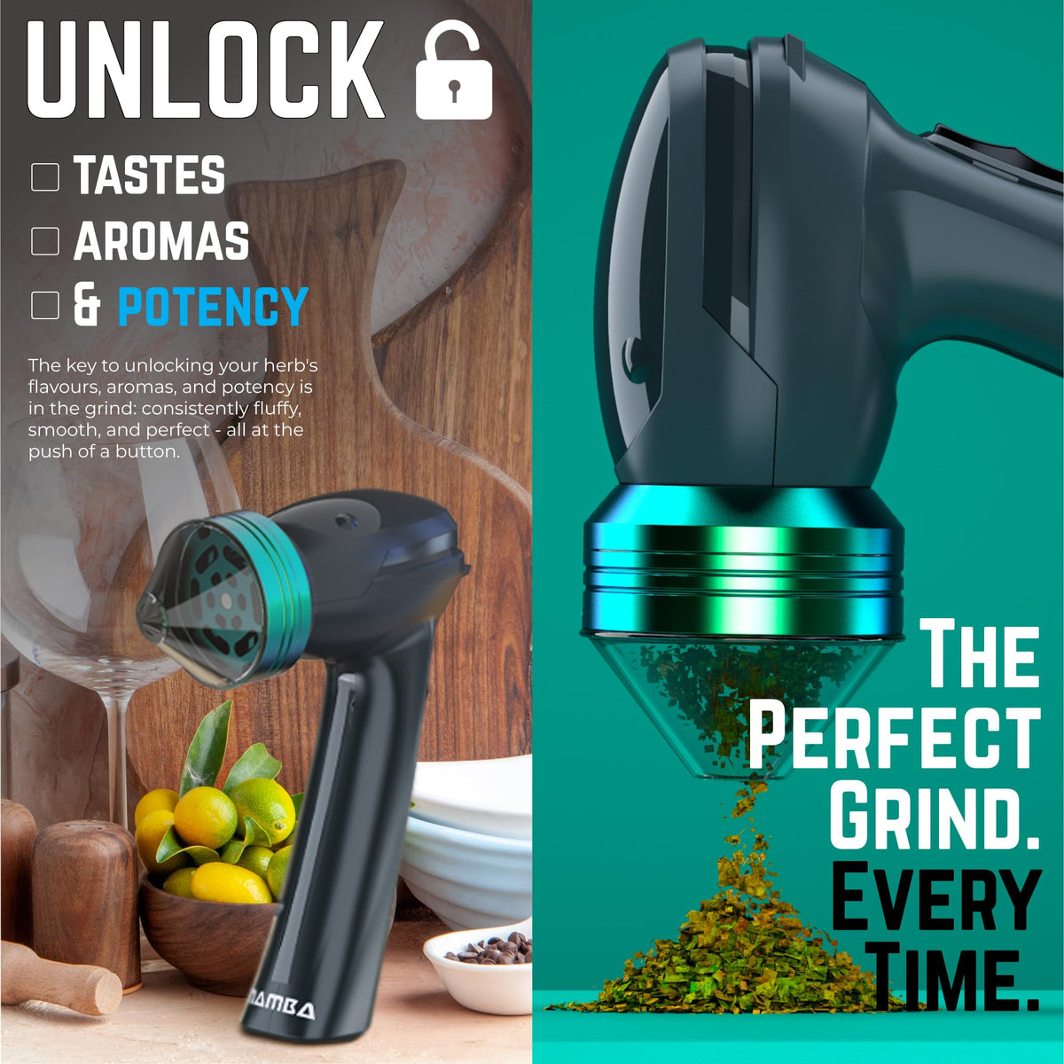 Mamba grinder with a clear spout for tidy dispensing and easy cleaning.