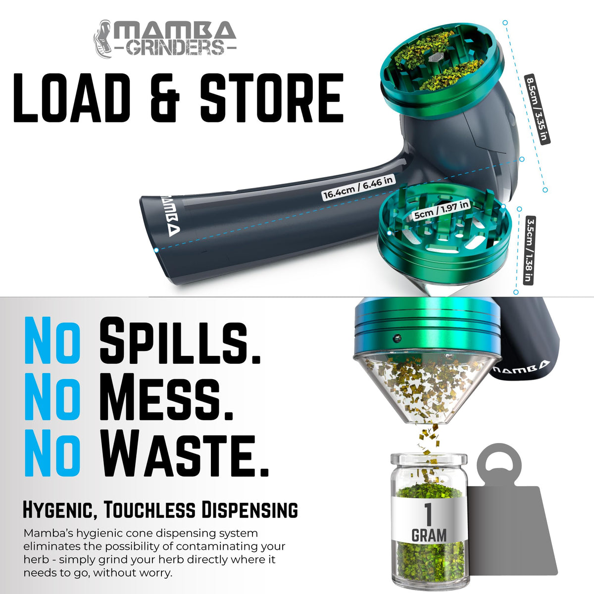 Mamba grinder's high-powered metal head enables fast grinding and aroma release.