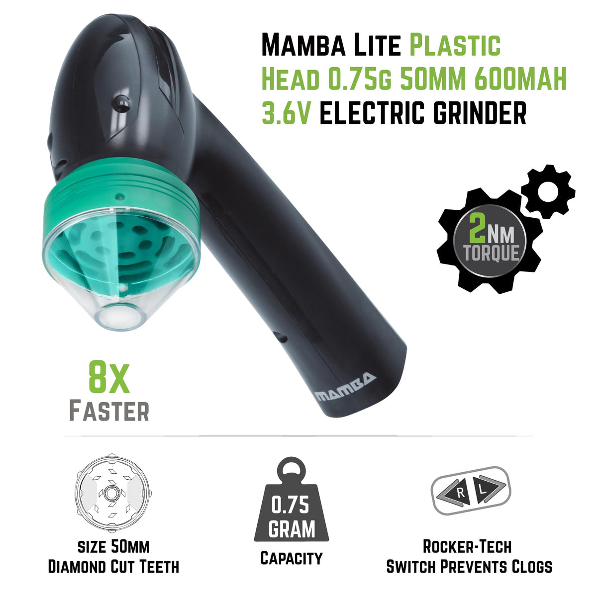 Mamba Lite side view showing clear spout for easy dispensing of ground herbs.