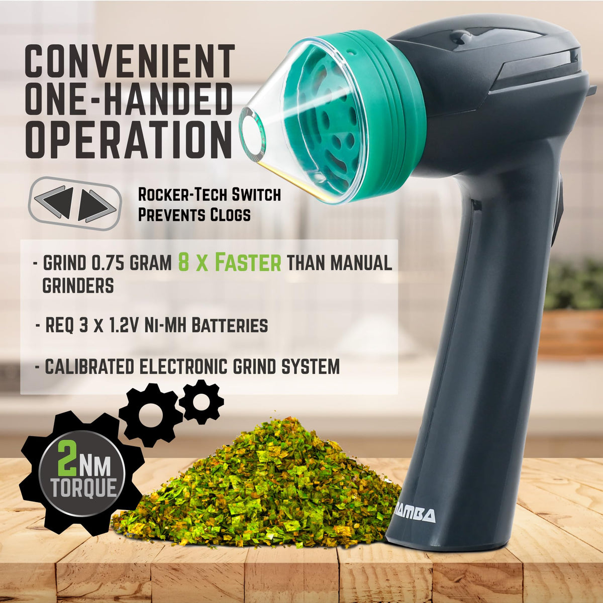Mamba Lite spout-dispense image demonstrating mess-free herb grinding.
