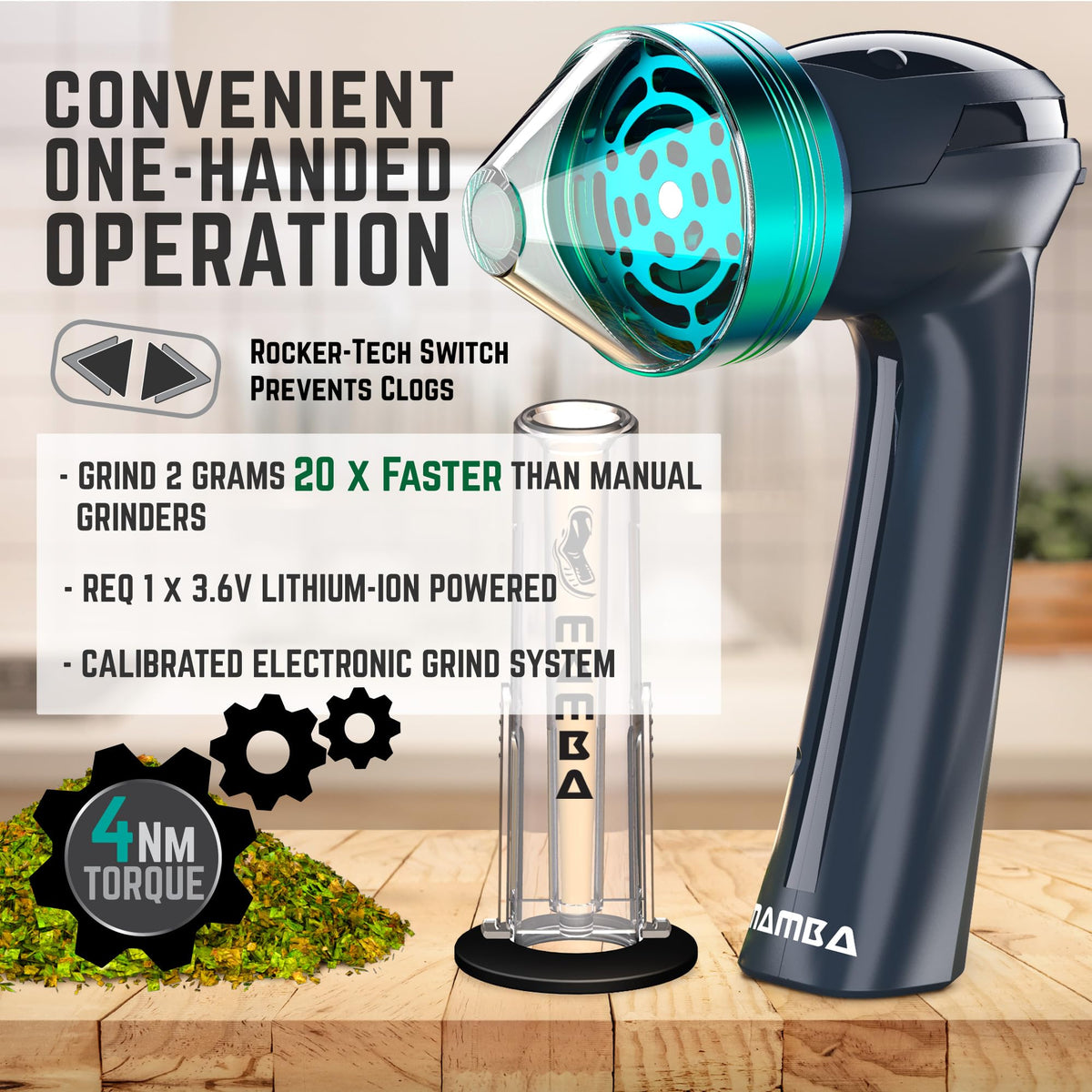 Mamba Loader XL compact holding shows portable kitchen grinder on the go.