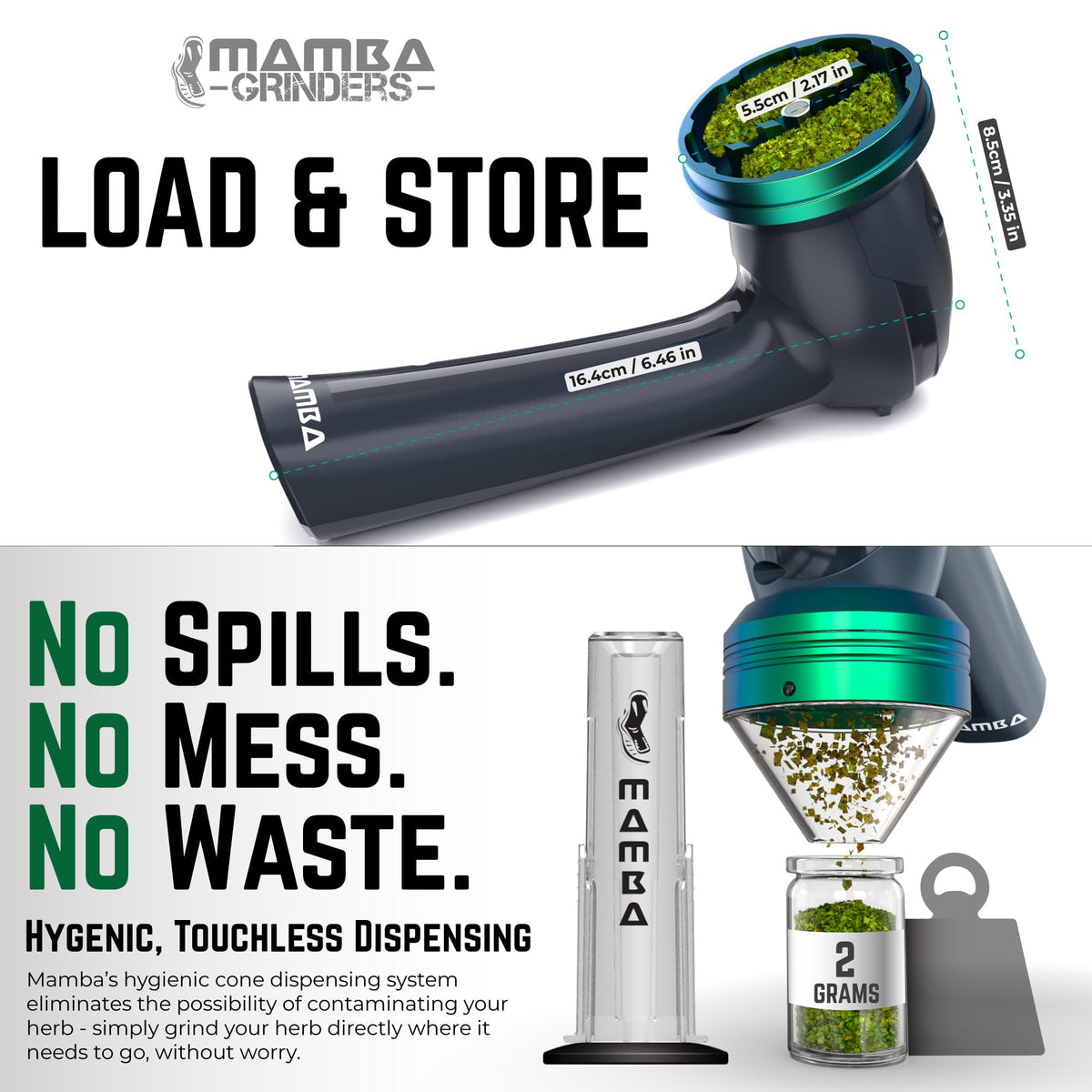 Mamba Loader XL spout open demonstrates mess-free pouring for clean prep.