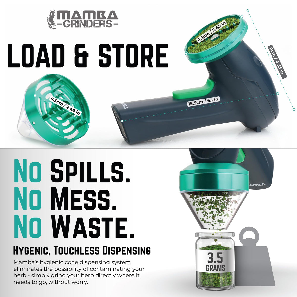 Mamba Monster 3.5g USB grinder clear spout enables mess-free dispensing.