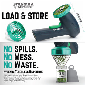 Mamba Monster 3.5g USB grinder clear spout enables mess-free dispensing.