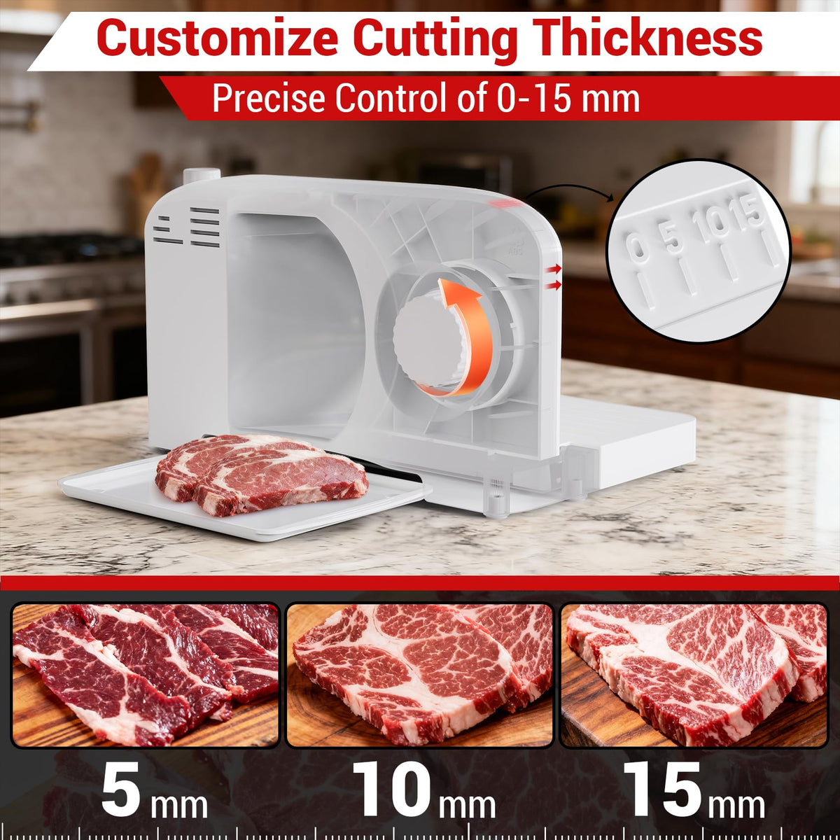 Mangoct Meat Slicer 150W motor delivers reliable slicing power for home use.