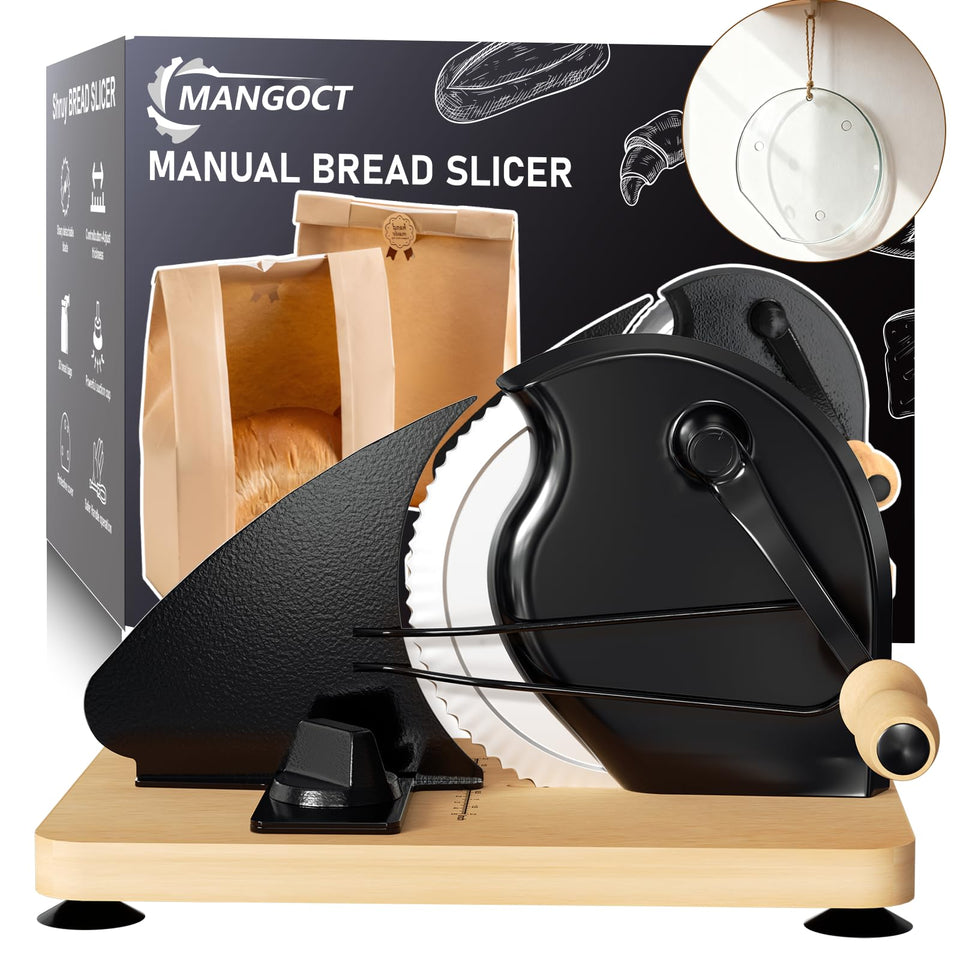 Mangoct upgraded bread slicer with wood base for precise thickness control.
