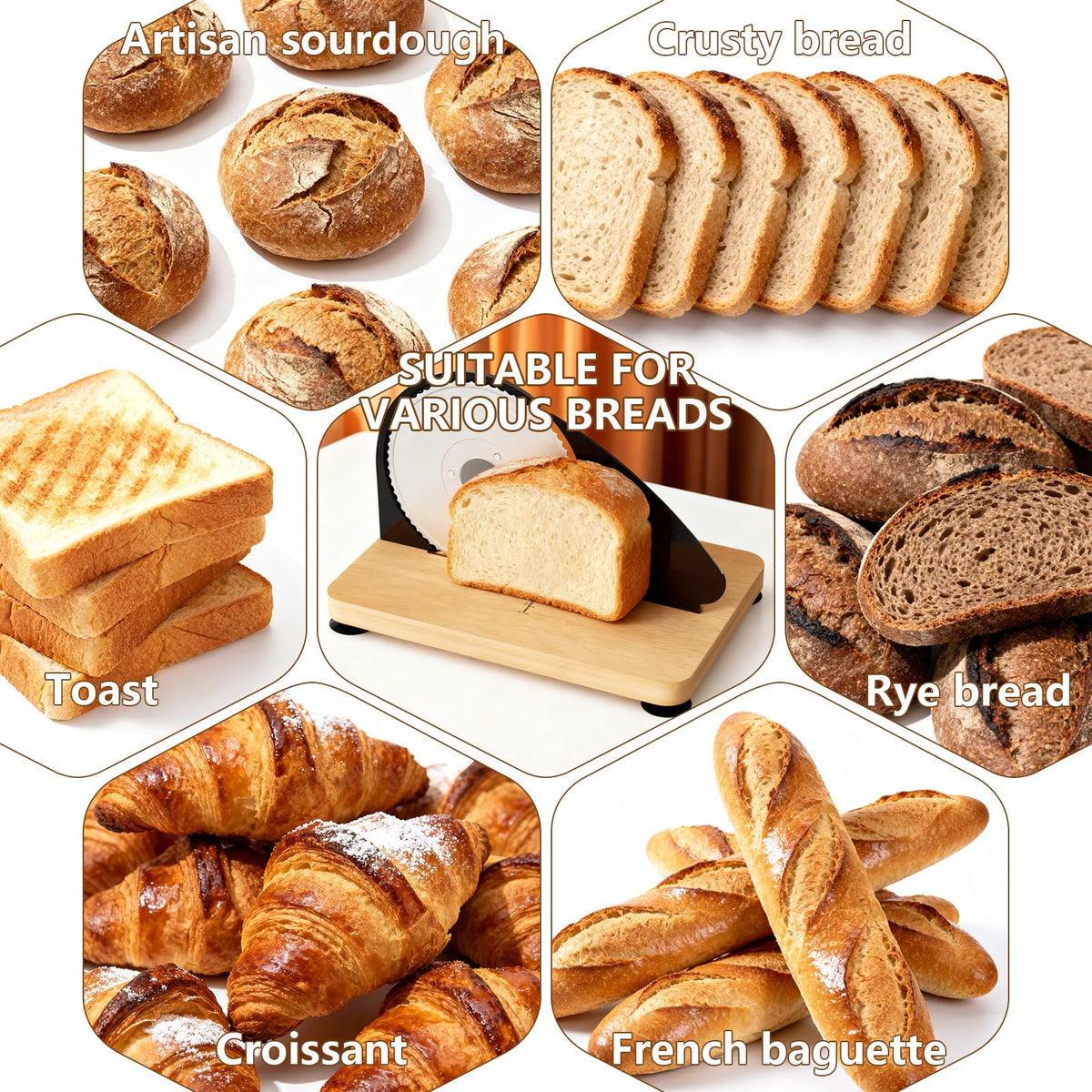 Mangoct versatile slicer handles bread, cheese, and deli items.