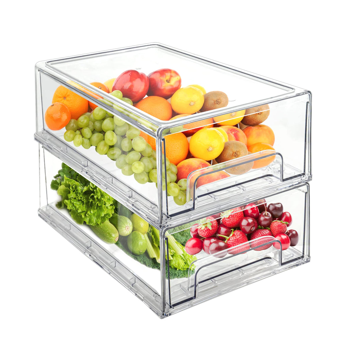 MANO 2-pack clear fridge drawers with pull-out design for easy access and organization.