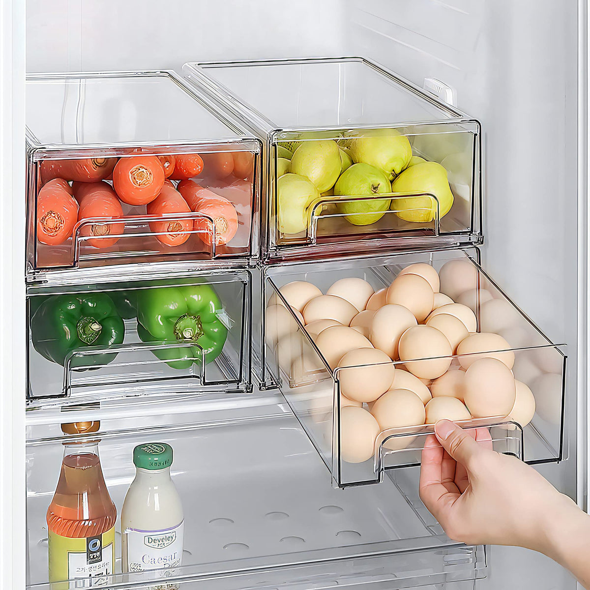 MANO stackable refrigerator drawer organizers that maximize space and reduce clutter.