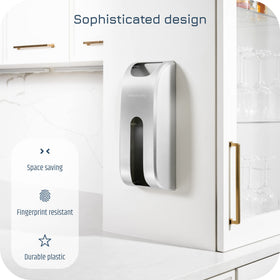 Manterio wall-mount bag dispenser secured on a door demonstrates versatile placement.