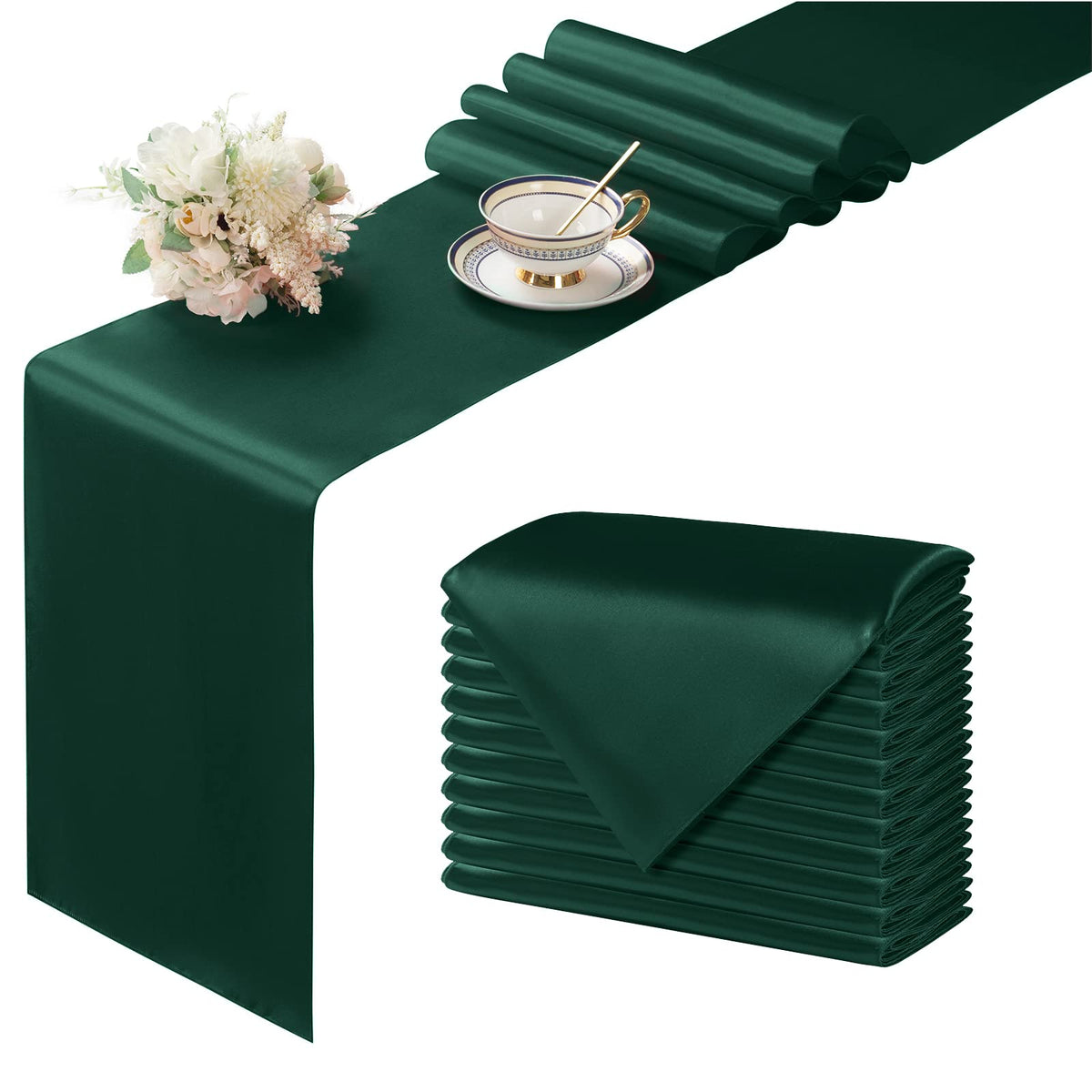 Manyshofu satin dark green table runner on table for elegant dining