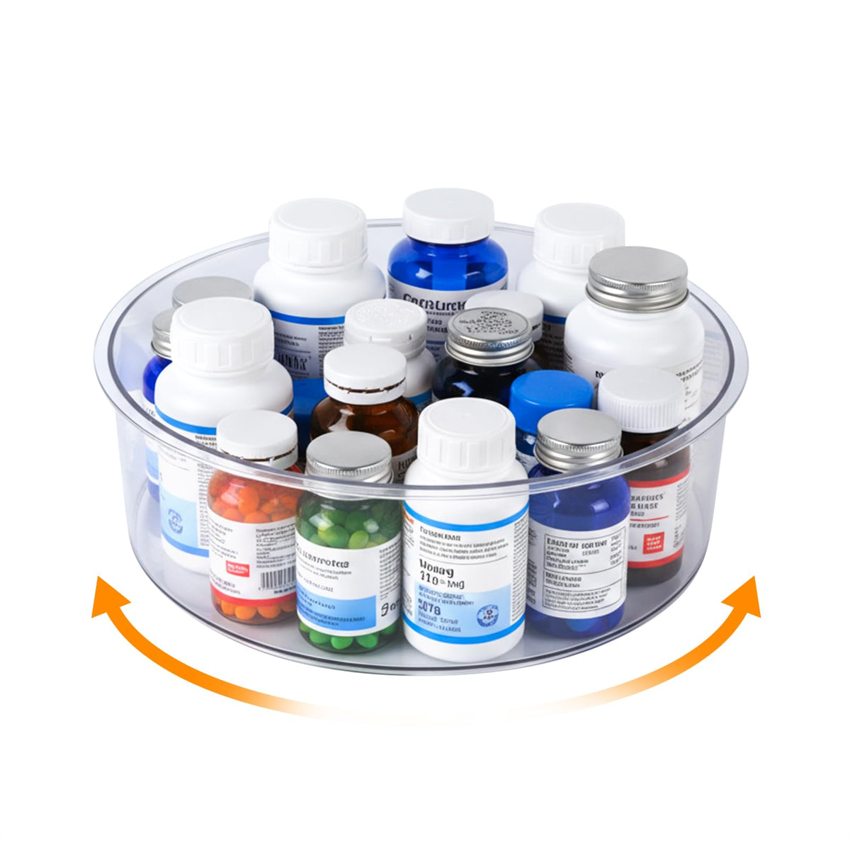 MAOUDA medicine bottle organizer with 9-inch diameter keeps bottles neatly arranged.
