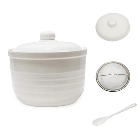 MaoYaMao ceramic bacon grease container in white with stainless steel filter for easy storage