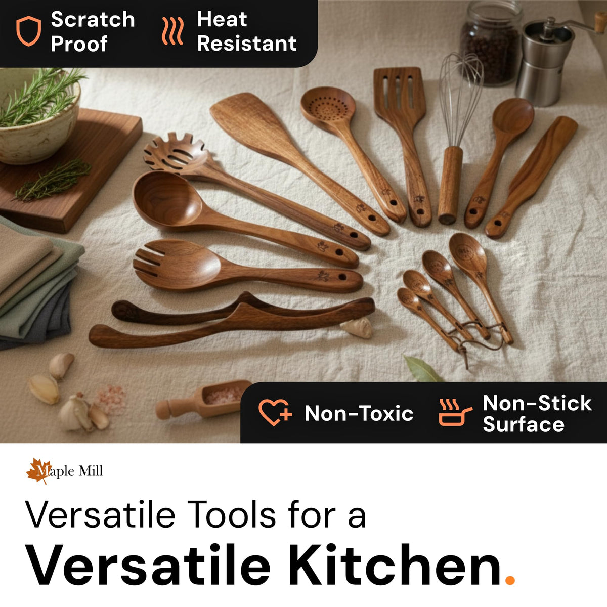 MAPLE MILL flat frying spatula in teak for nonstick cookware protection.