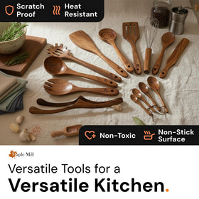 MAPLE MILL flat frying spatula in teak for nonstick cookware protection.