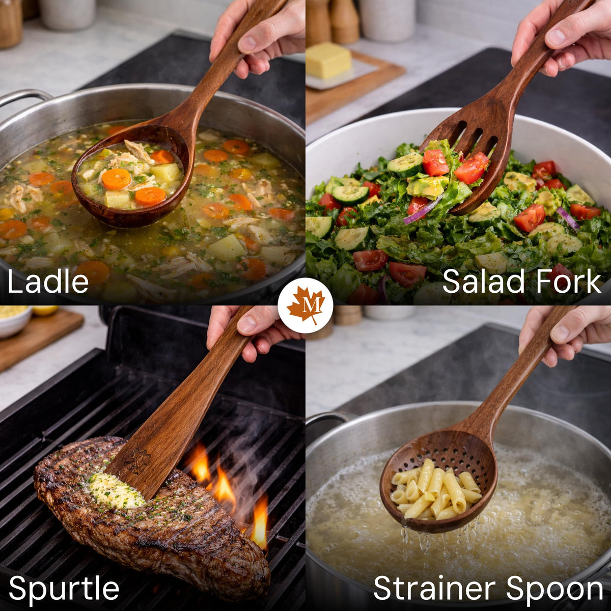 MAPLE MILL four-piece measuring spoons in teak for precise cooking.