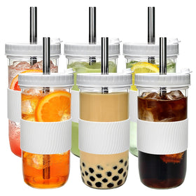 Mapoxy 6-pack 24oz mason jar cups with lids and straws, ready for bubble tea and smoothies.