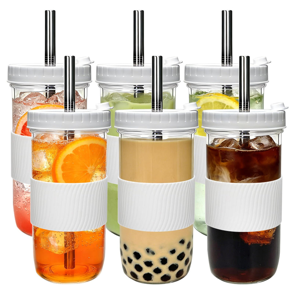 Mapoxy 6-pack 24oz mason jar cups with lids and straws, ready for bubble tea and smoothies.