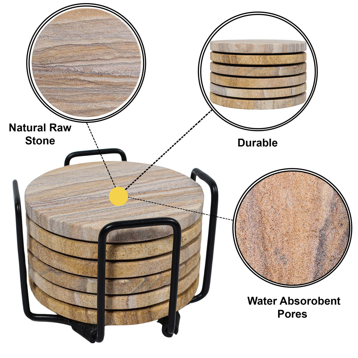 Marbco handcrafted sandstone coaster set highlights artisanal craftsmanship.