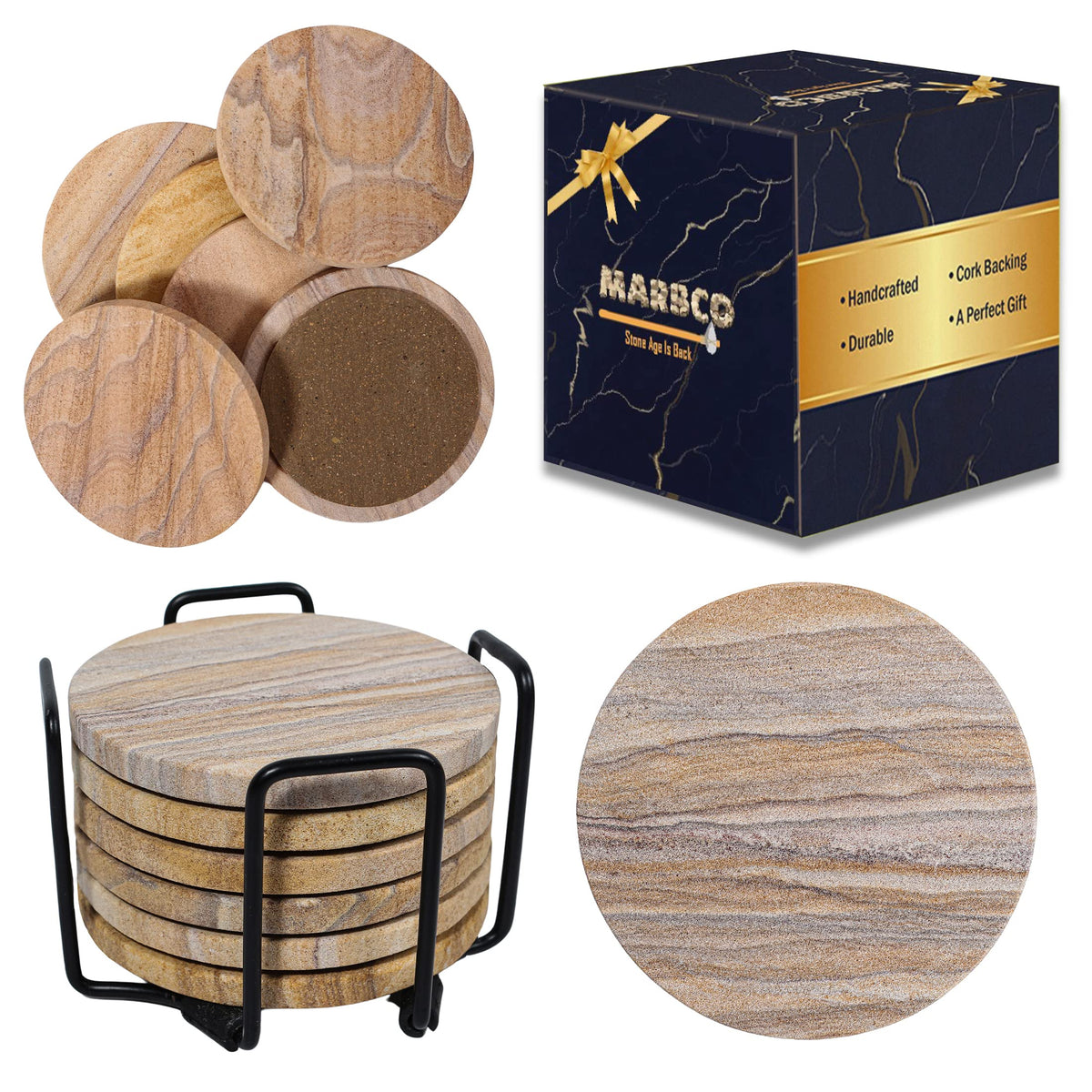 Marbco Sandstone Round Coaster, 4-inch, absorbent surface protection.