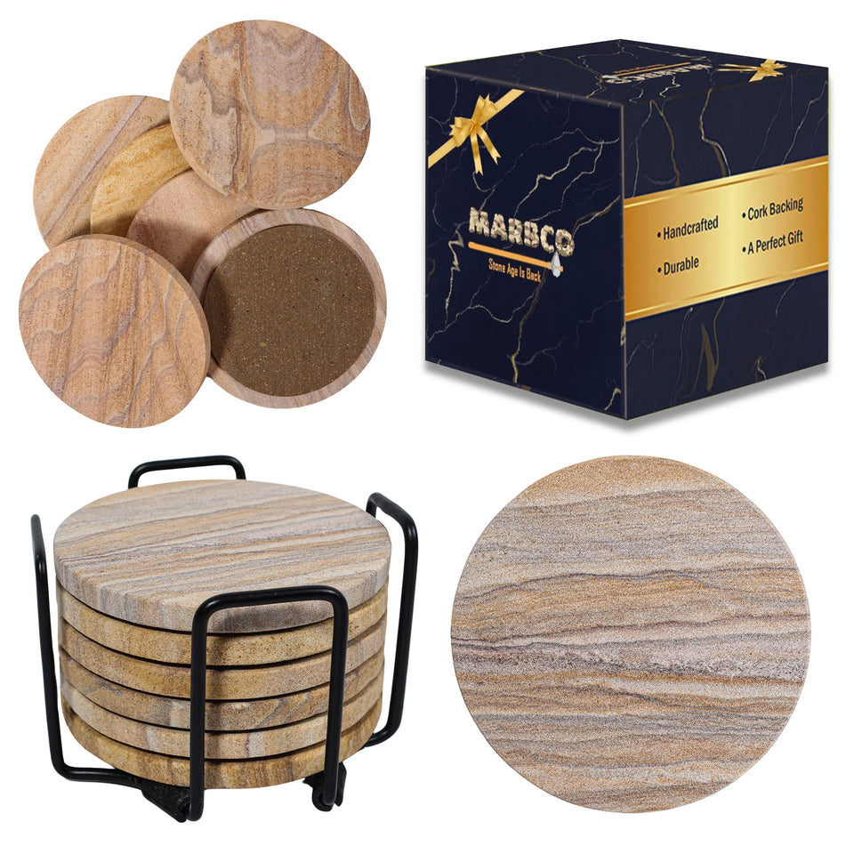 Marbco Sandstone Round Coaster, 4-inch, absorbent surface protection.