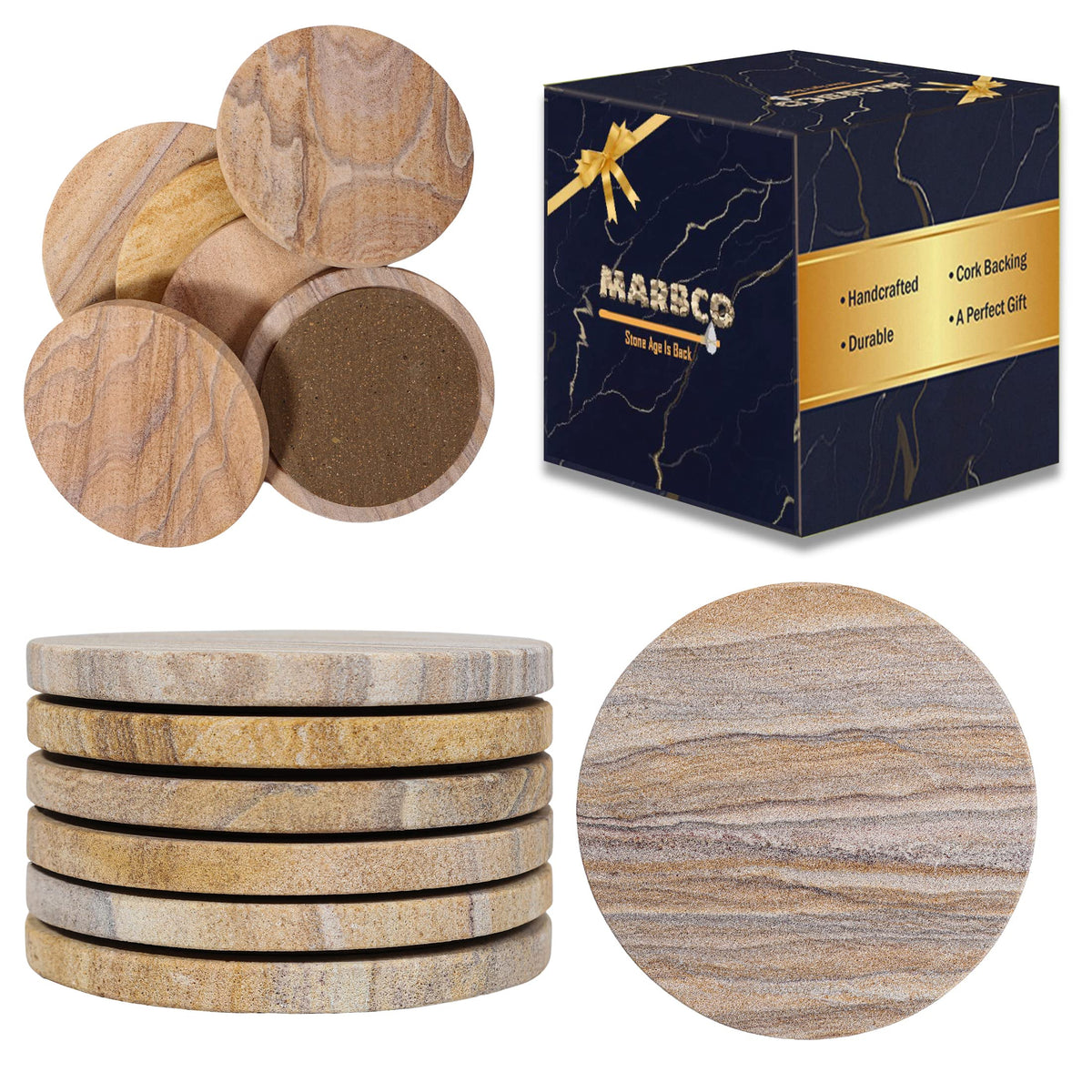 Marbco sandstone round coaster absorbs moisture to keep tables dry