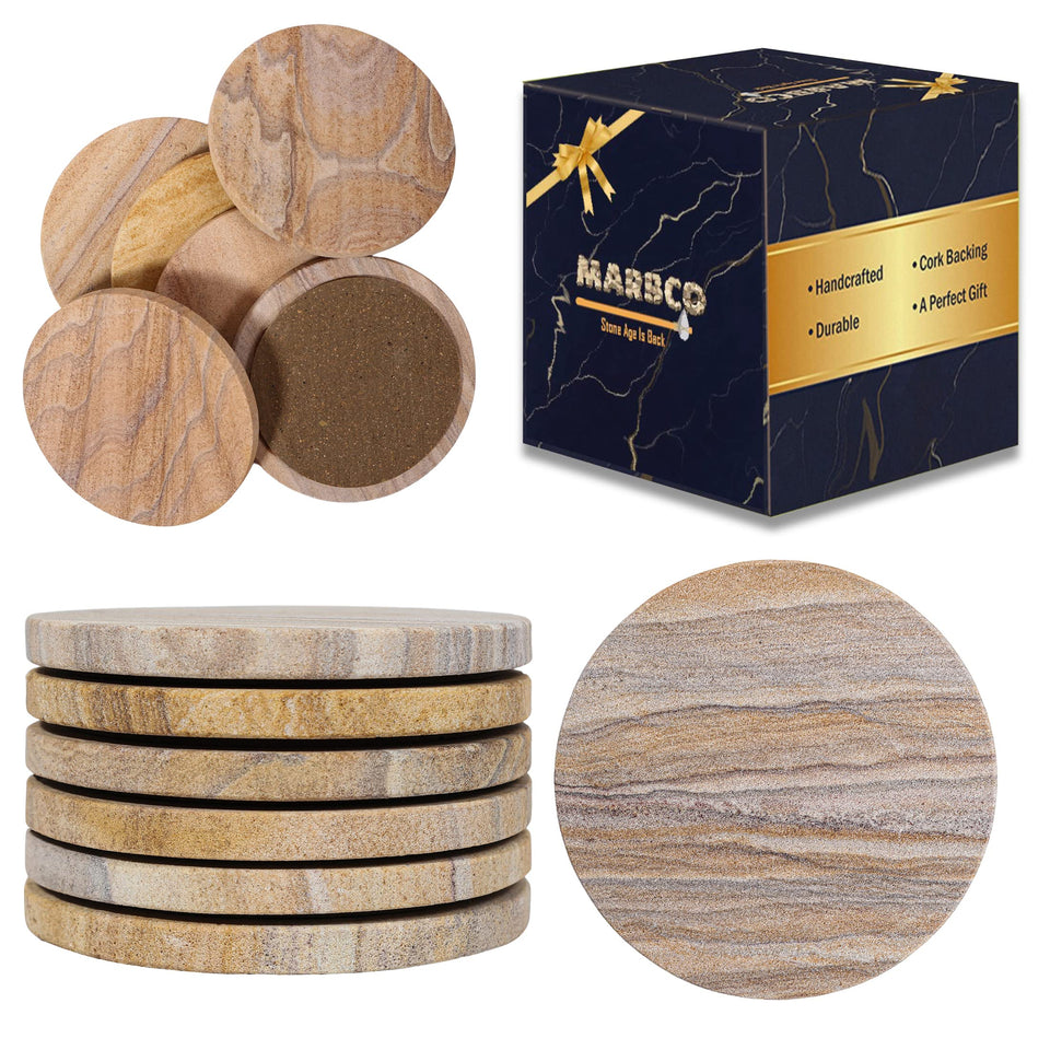 Marbco sandstone round coaster absorbs moisture to keep tables dry