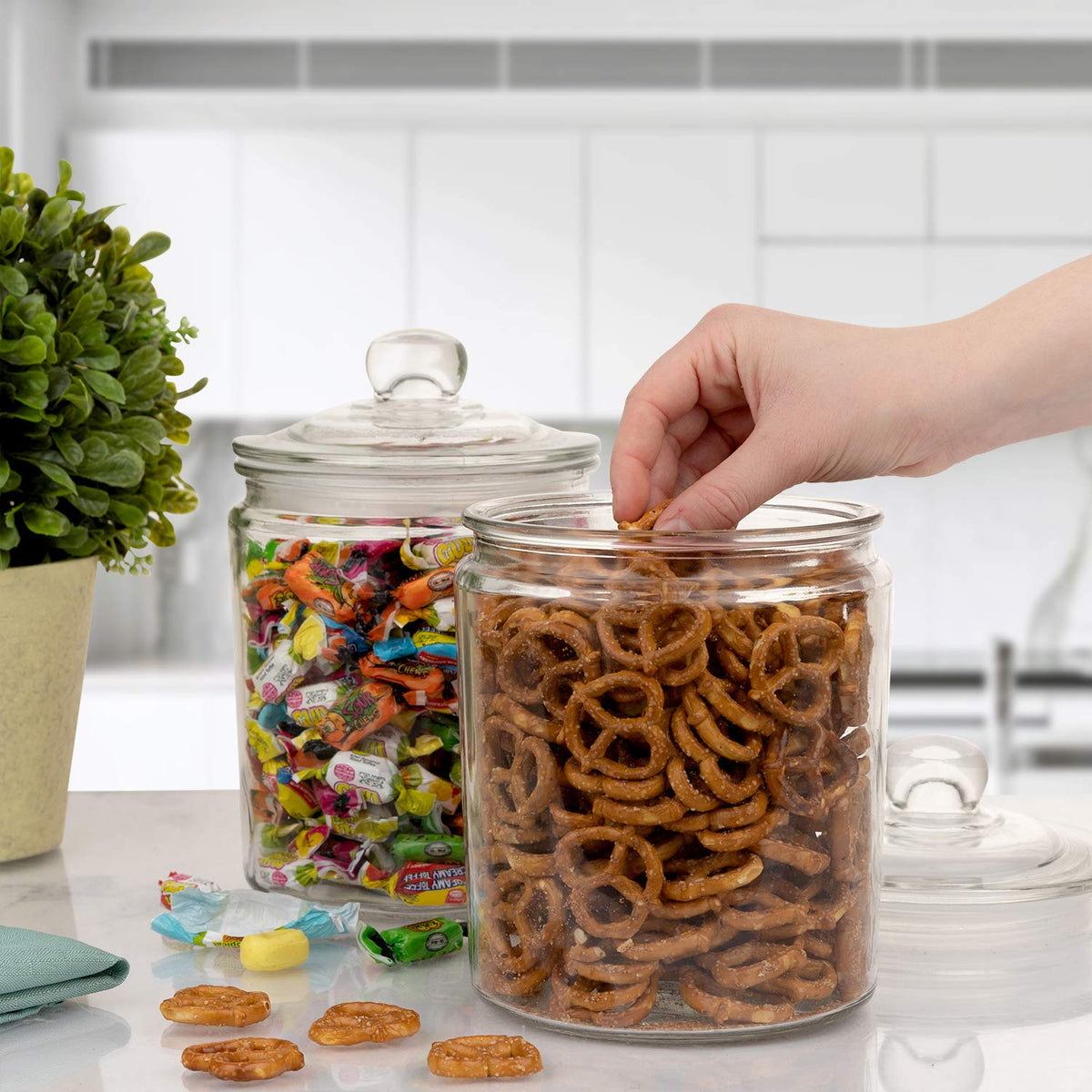 Marbelous pantry canisters on display complement kitchen décor and storage