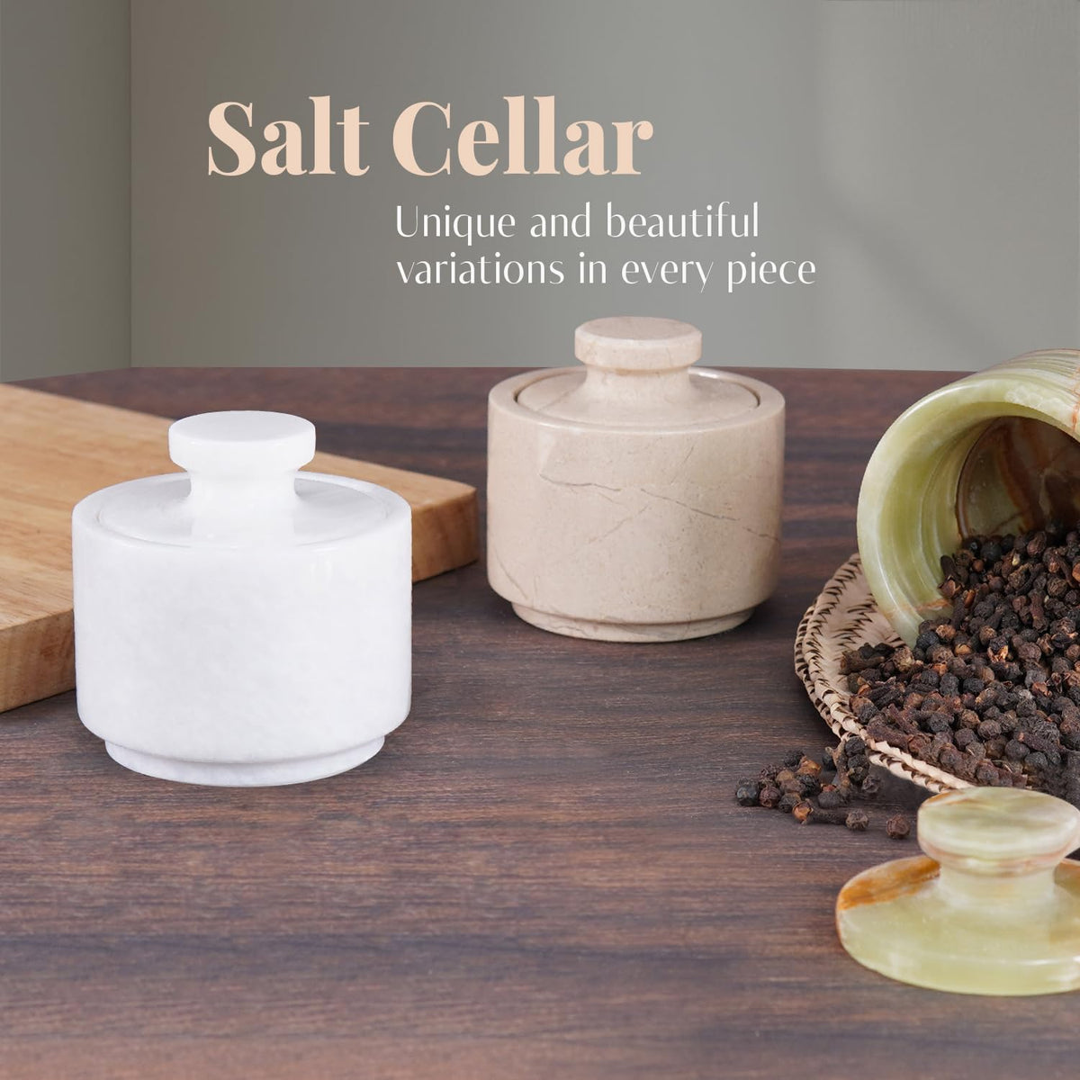 MARBLOUS KRAFTS marble salt cellar compact 3x3 inch footprint fits on counters