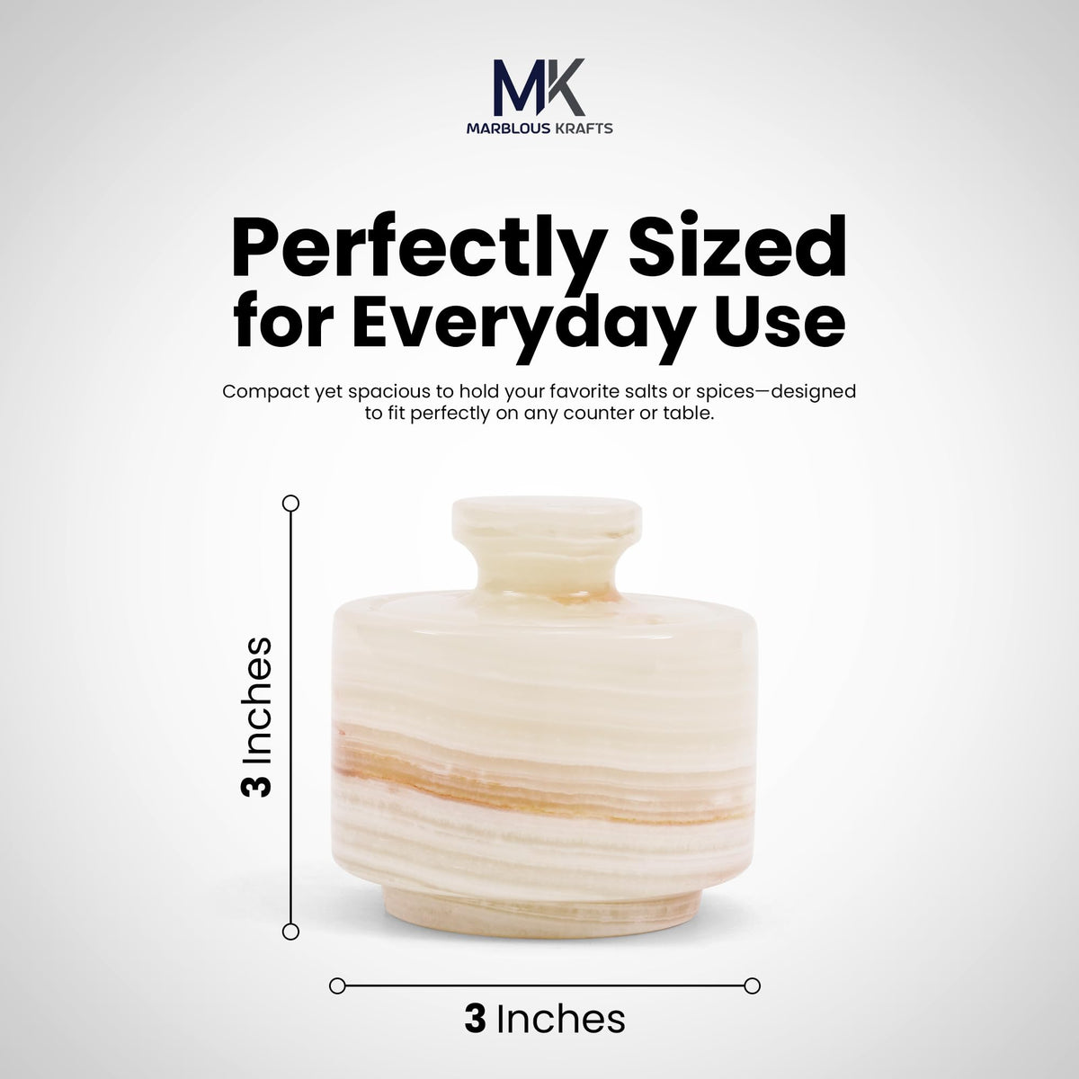 Marblous Krafts compact 3-inch marble salt cellar on countertop.