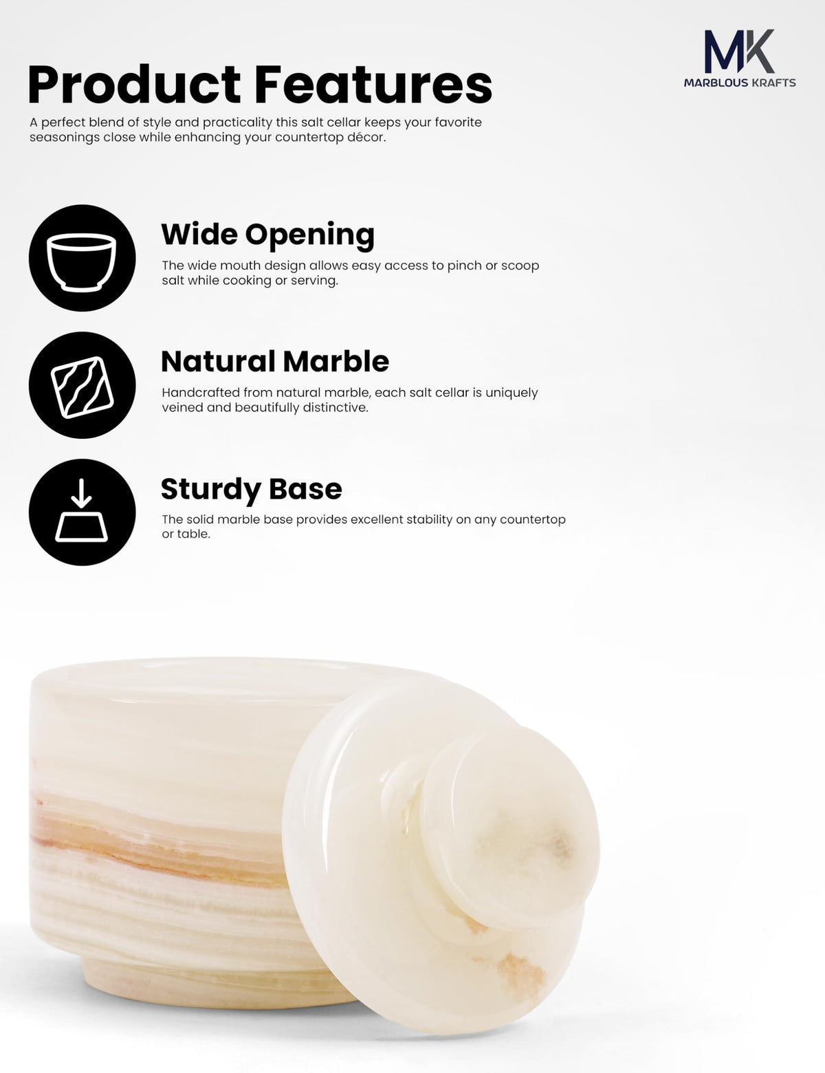 Marblous Krafts polished marble finish highlights elegant kitchen decor.
