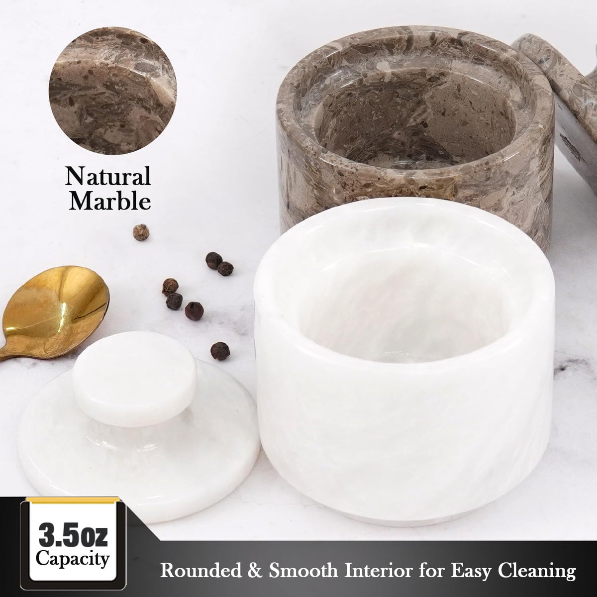 MARBLOUS KRAFTS 3-inch salt cellar demonstrates compact storage for table use.