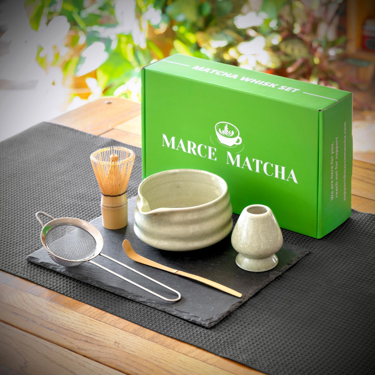 Marce matcha bowl with spout for easy pouring and smooth whisking.