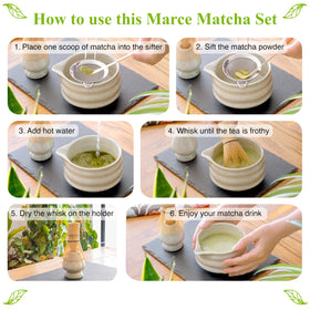 Creamy green matcha prepared with Marce whisk and bowl.