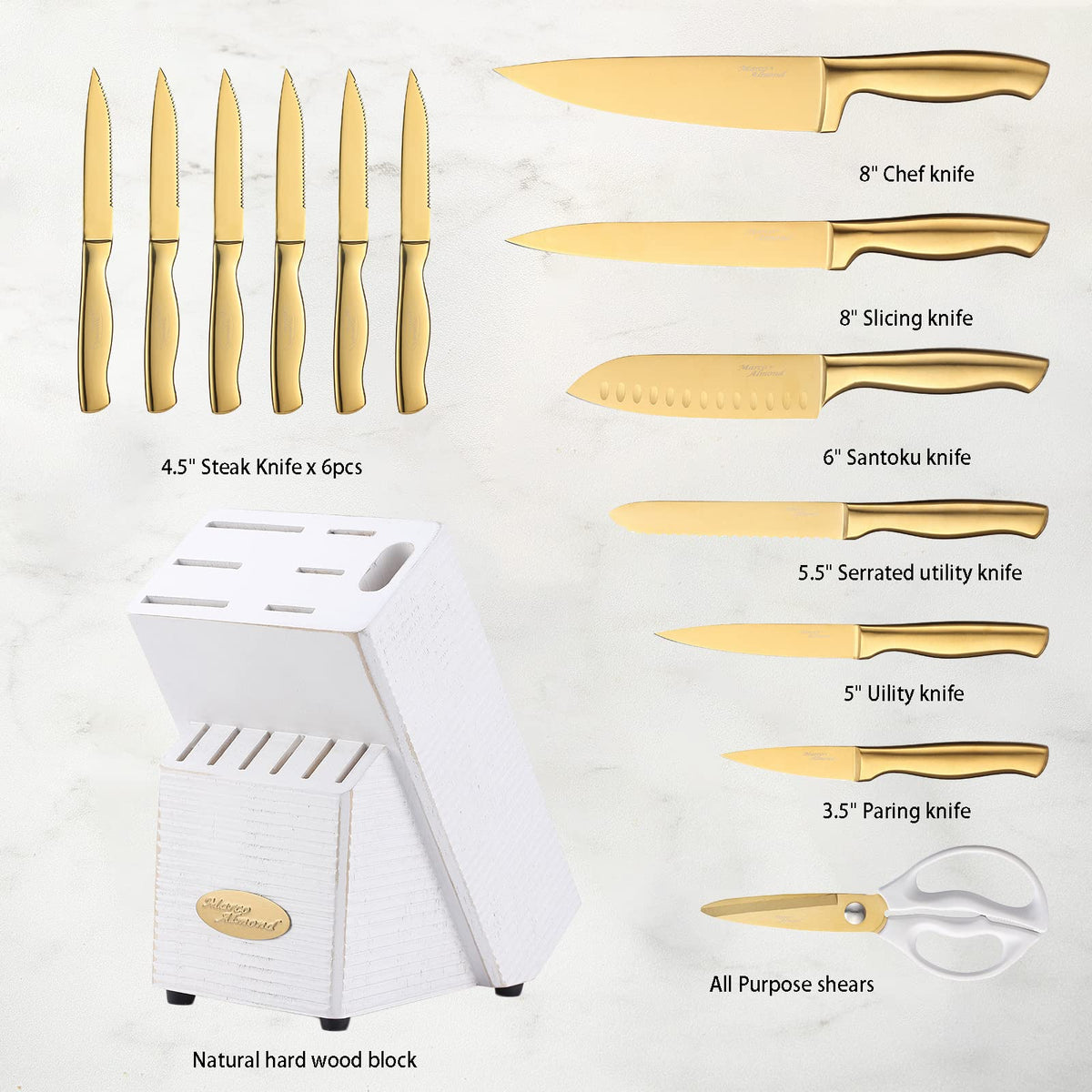 Marco Almond 14-piece set covers chef, slicing, santoku, utility, and paring knives.