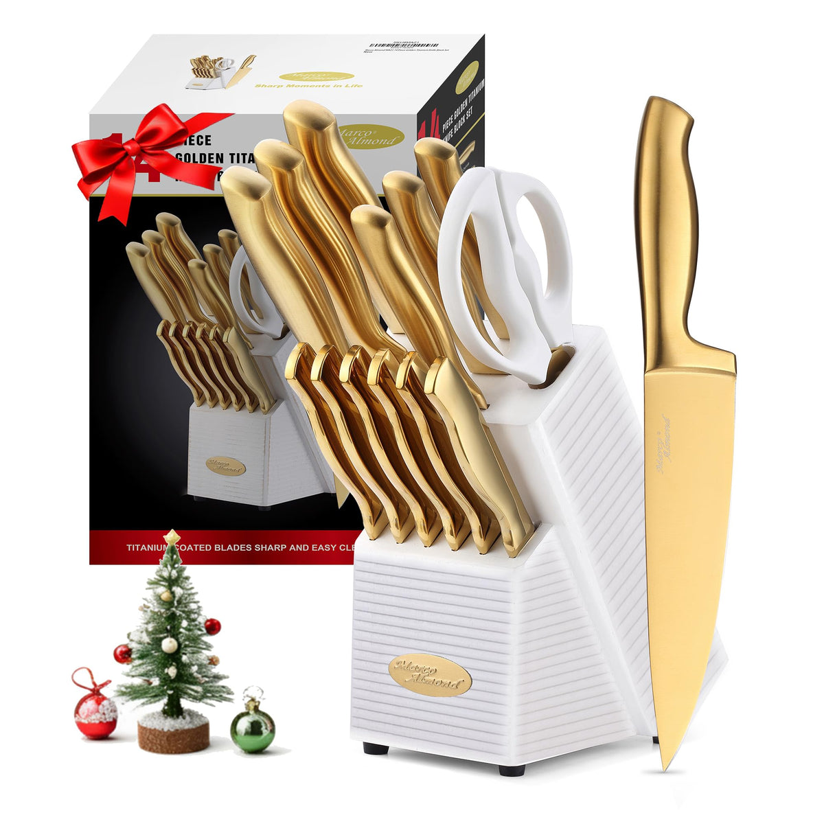 Marco Almond Gold Knife Set displayed on a kitchen counter for elegant prep.