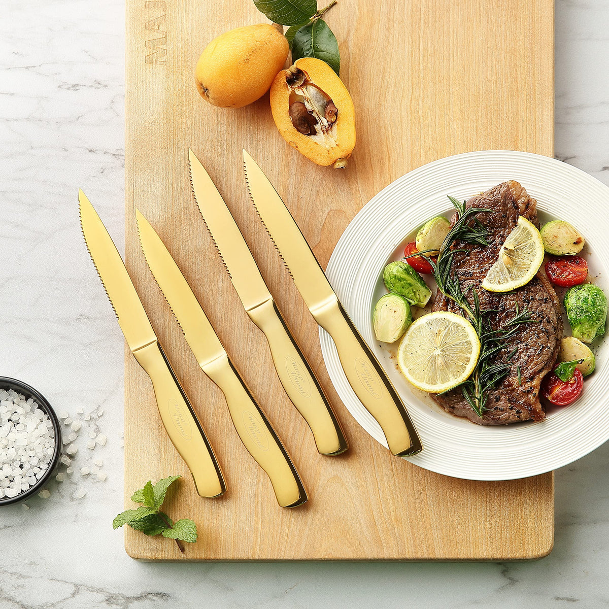 Marco Almond white wood knife block keeps blades organized and accessible.
