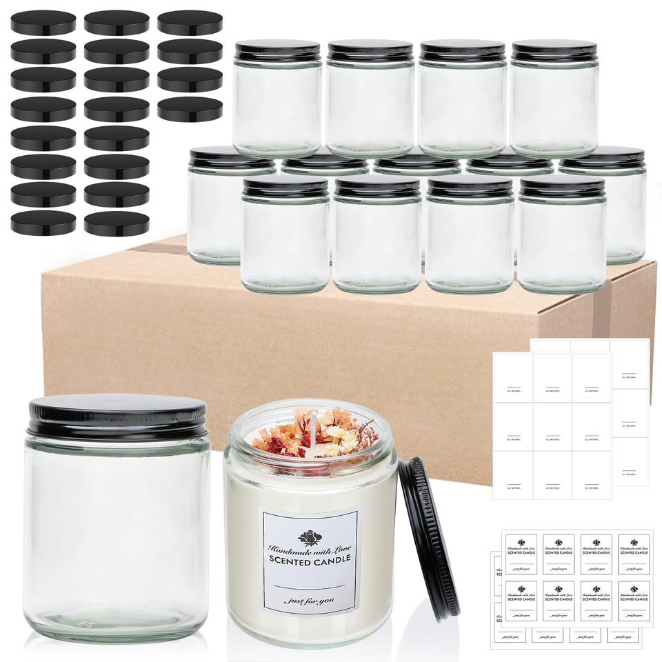 Maredash 16-pack 8 oz glass jars with lids ready for candles and spices.