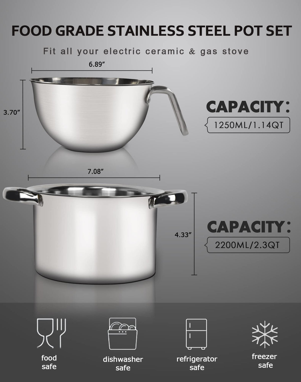 Marsheepy stainless steel pot 2200ml ready for melting chocolate, soups, and pasta.