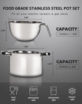 Marsheepy stainless steel pot 2200ml ready for melting chocolate, soups, and pasta.