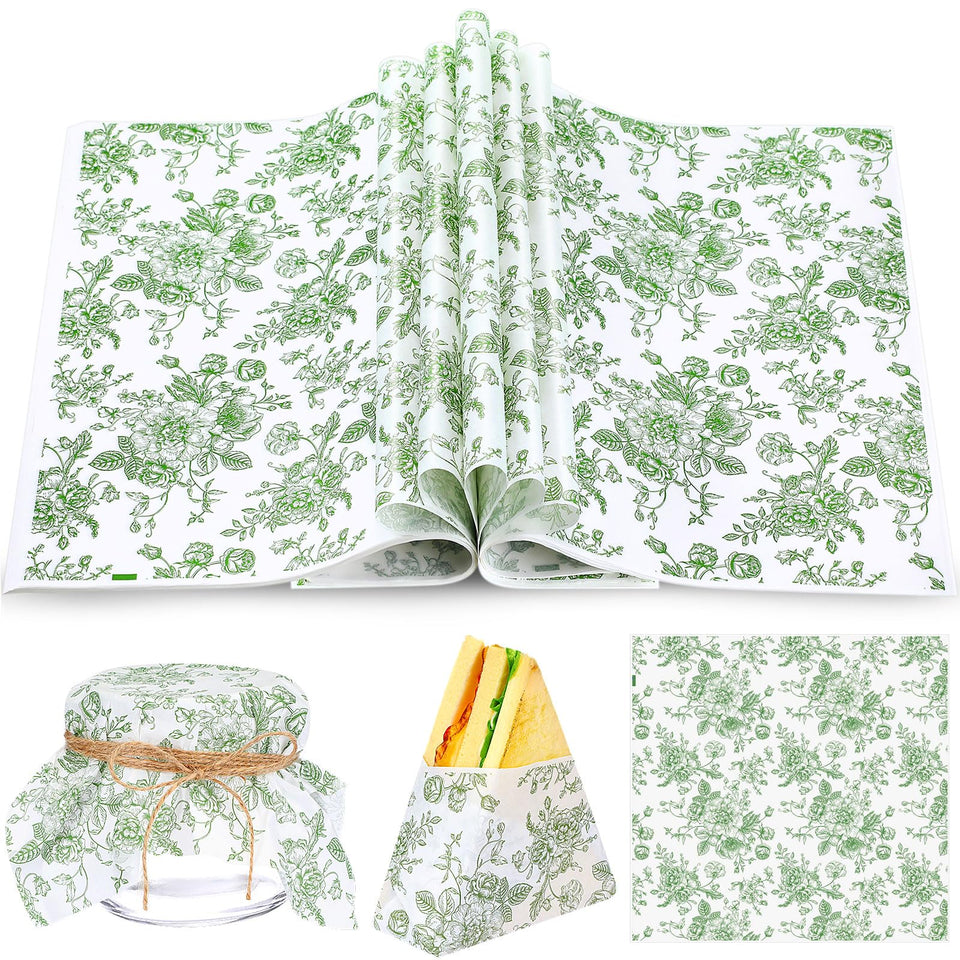 Marspark floral wax paper green wrapping for food baskets, greaseproof and easy to fold.