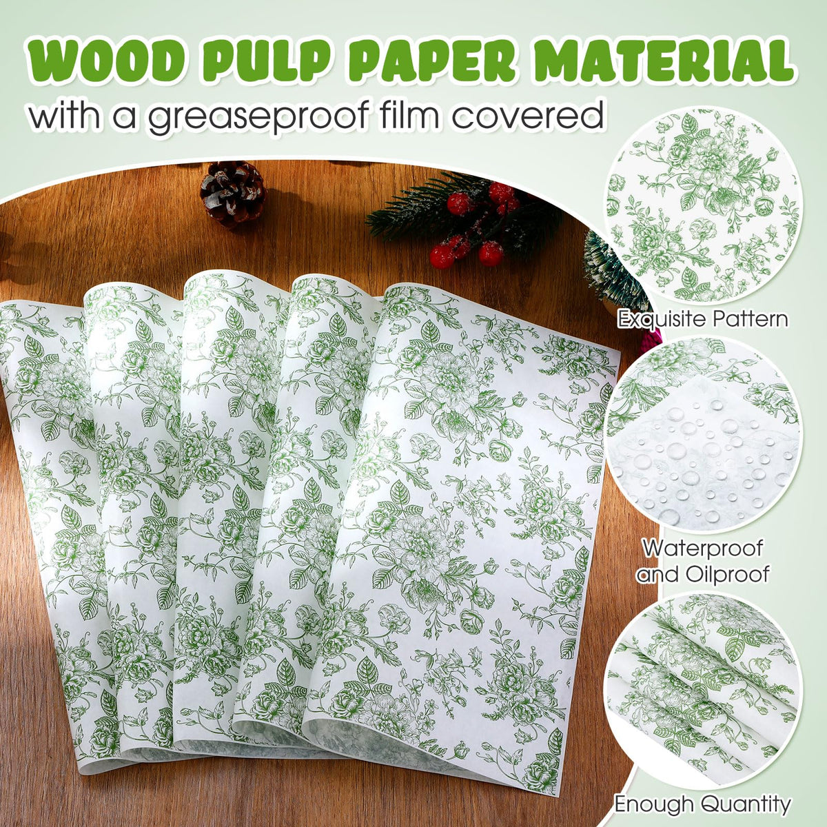 Marspark green floral wax paper enhances spring party decor and serving.