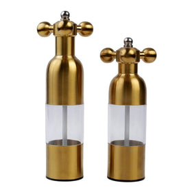Marsrut salt pepper grinder set in gold adds elegant table seasoning.