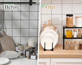 Marsui large cabinet organizer shelf maximizes vertical storage for bigger plates and lids